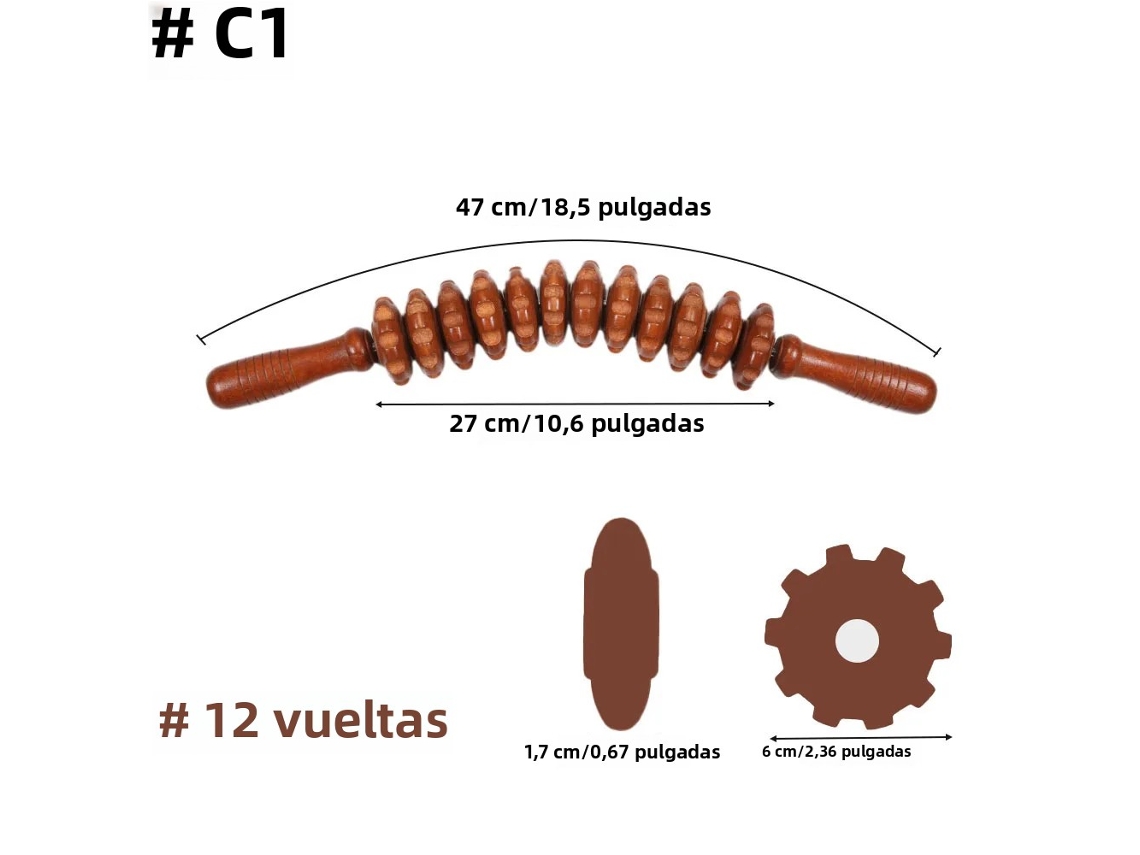 Masajeador de madera con rodillos de tres puntos, para uso en fascia y celulitis. MDUG (modelo C1)