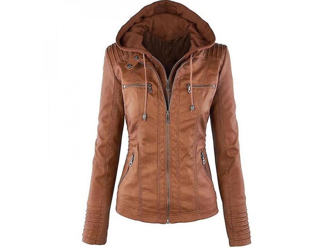 Chaqueta de moto Rebe para mujer con capucha de piel sintética, chaqueta motera, chaqueta para exteriores, color marrón claro.