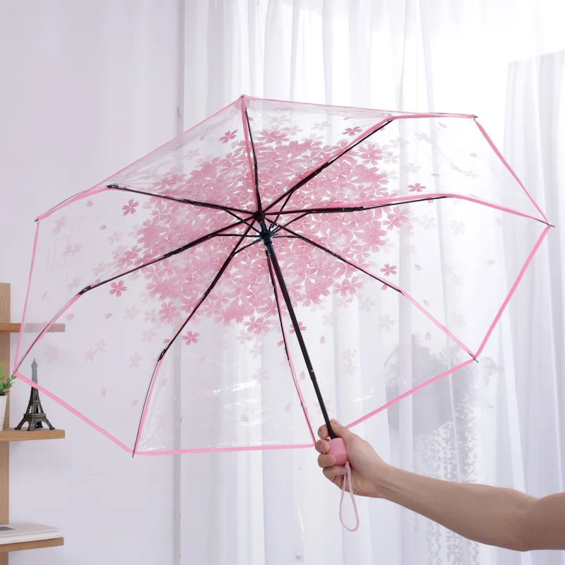 (rosa) Un Paraguas Transparente Con Forma De Flor De Cerezo, Diseño Plegable De Tres Secciones, Bonito Y Compacto, Hermoso Y Refrescante.
