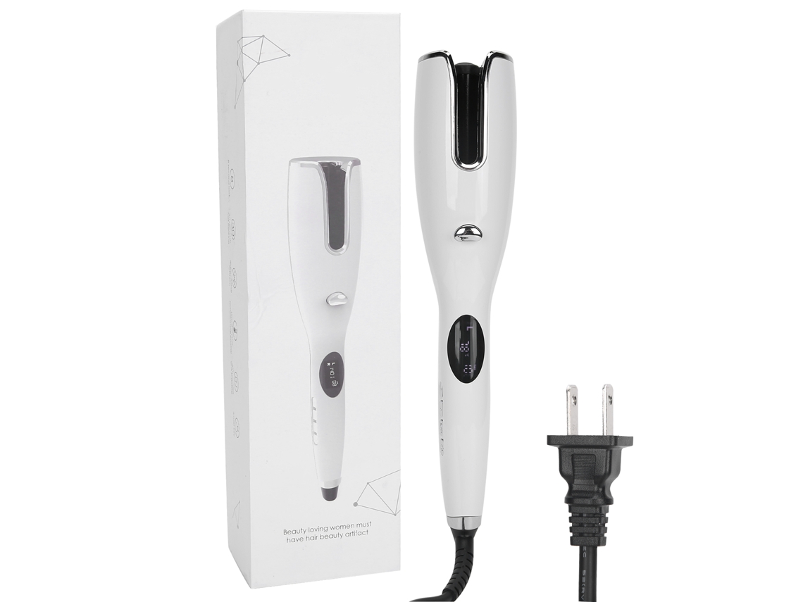 Plancha De Rizo Automática Antiquemaduras Portátil Lcd Para Cabello Color Blanco