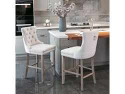 Par De Taburetes De Bar Beige Capitoné Con Patas De Madera Y Tachuelas.