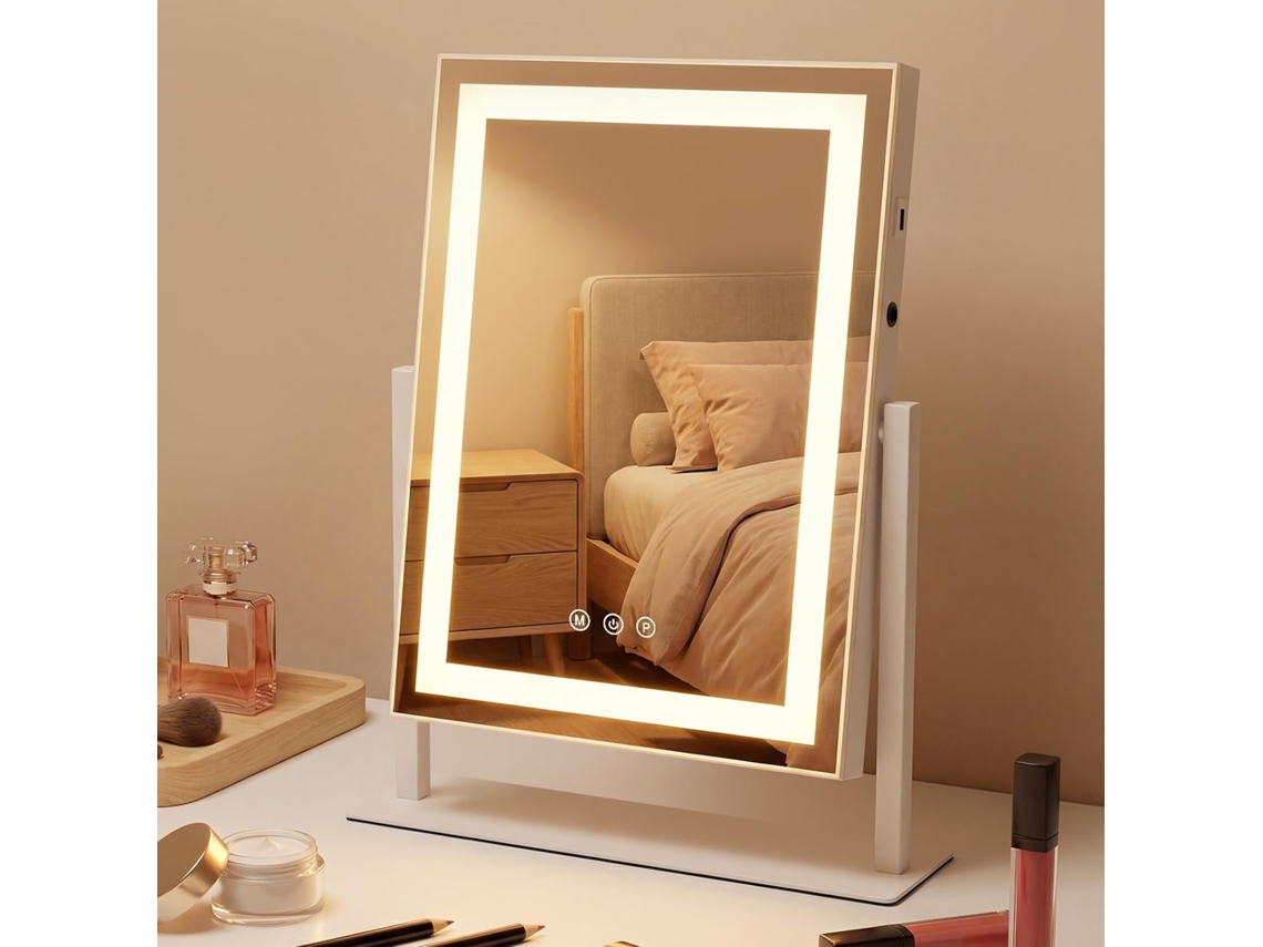 Espejo De Maquillaje Led Nettlife Hollywood De 30x40 Cm - Espejo De Tocador De Sobremesa Táctil Y Regulable, 3 Modos De Luz, Espejo Cosmético