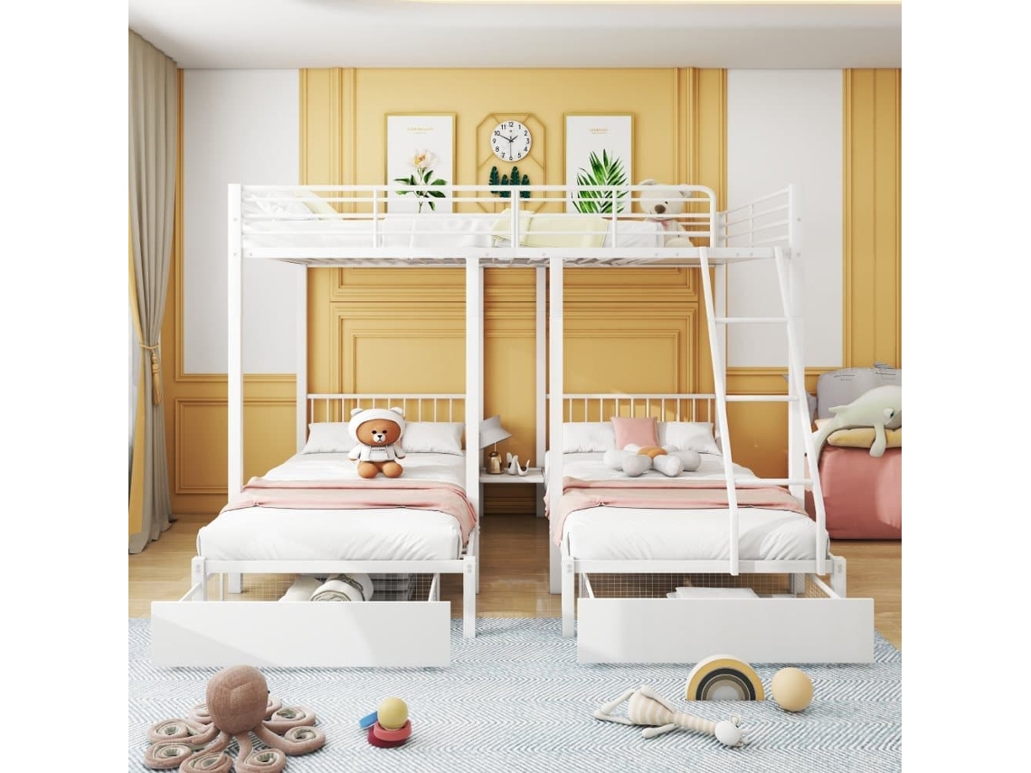 Litera Para 3 Niños Con 2 Cajones - 140x200cm Y 2x90x200cm - Estructura De Colchón - Blanco (colchón No Incluido)
