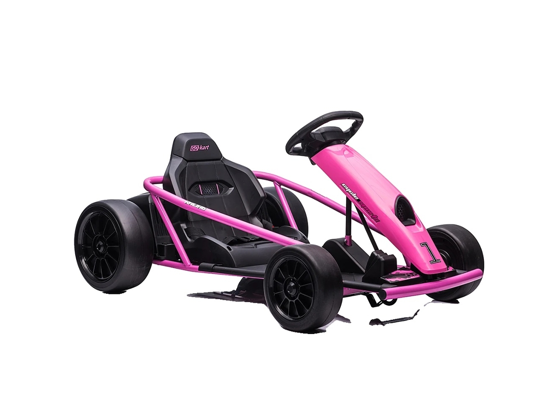 Kart eléctrico, velocidad de 13 km/h, motores duales, rojo y rosa.