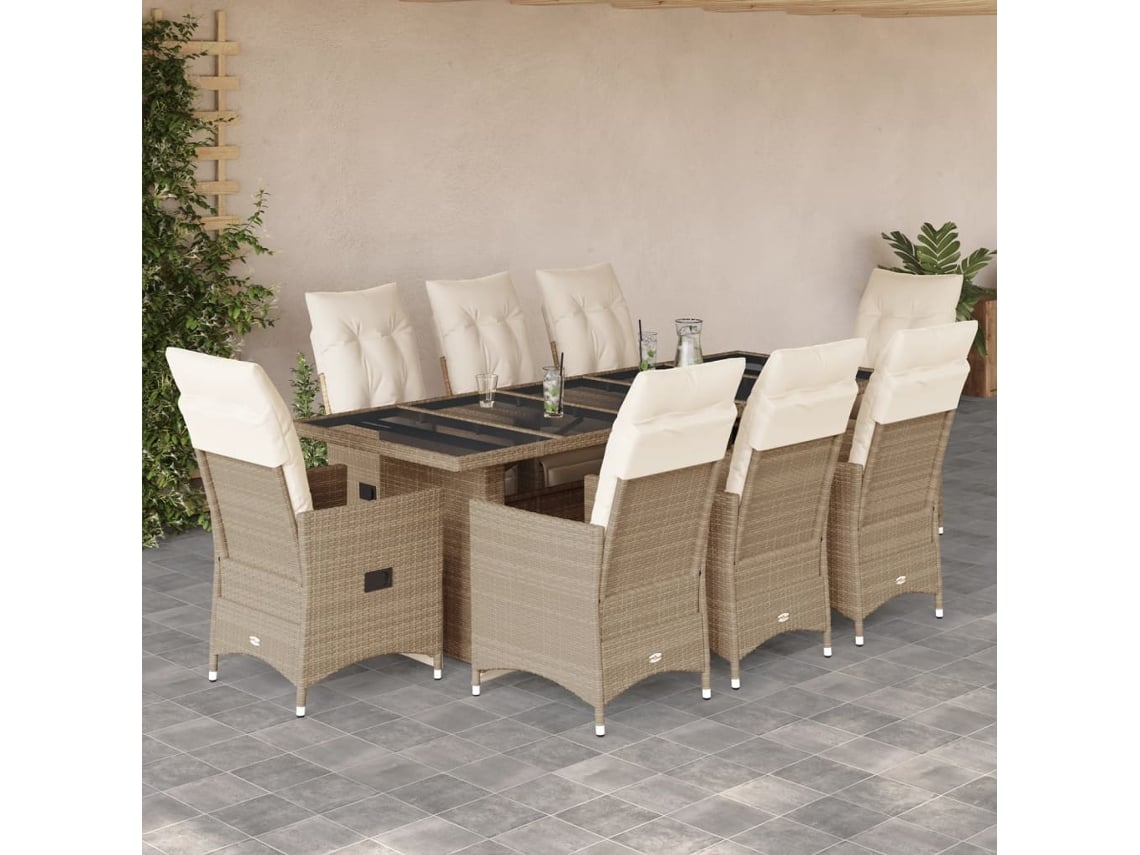 Conjunto de bistró de jardín de 9 piezas con cojines, mimbre sintético beige, DKD Home Decor
