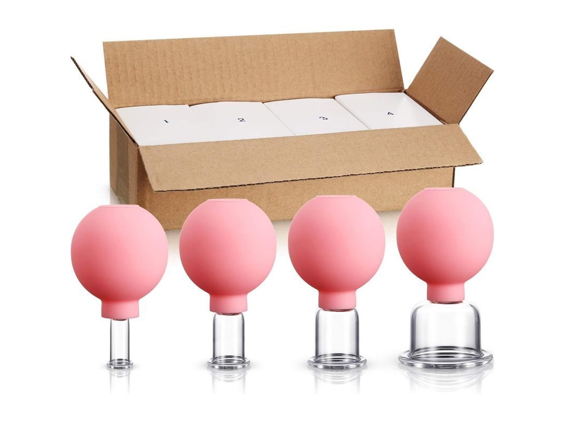 4 Herramientas De Masaje Con Ventosas De Vidrio Y Succión De Vacío De Silicona, Color Rosa, Para Cuerpo, Rostro, Piernas, Brazos Y Espalda.