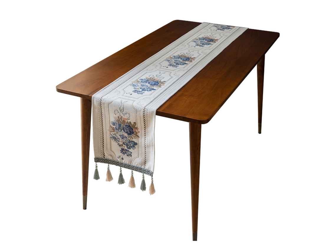 Camino de mesa de chenilla blanca con borlas y estampado floral, 32x140cm