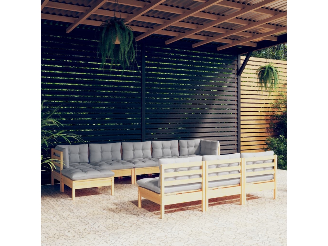 10 Piezas Conjunto Lounge De Jardim C/ Almofadões Cinzentos Pinho Dkd Home Decor