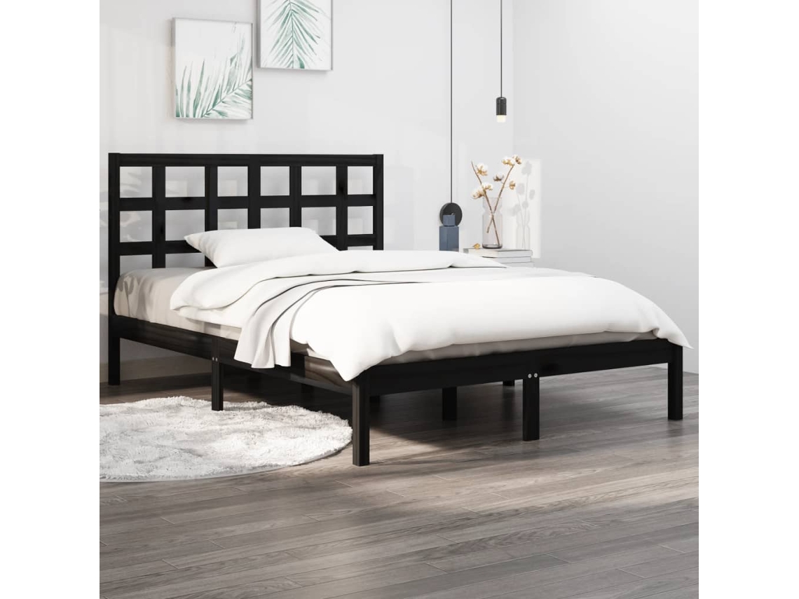 Estructura De Cama De Madera Maciza Negra 140x190 Cm