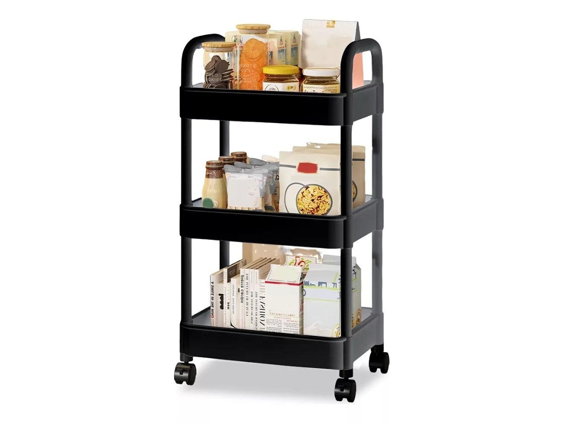 Carrito de almacenamiento multifuncional, 3 niveles, con ruedas, 360°, negro Klb