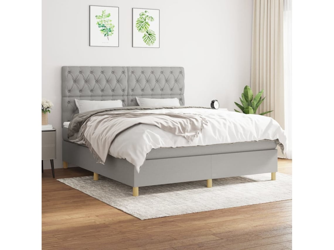 Cama Box Spring Con Colchón Tela Gris Claro 160x200 Cm