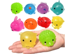 Figuras gigantes de mochi con purpurina, animales suaves y antiestrés, ideales como obsequios para fiestas infantiles.