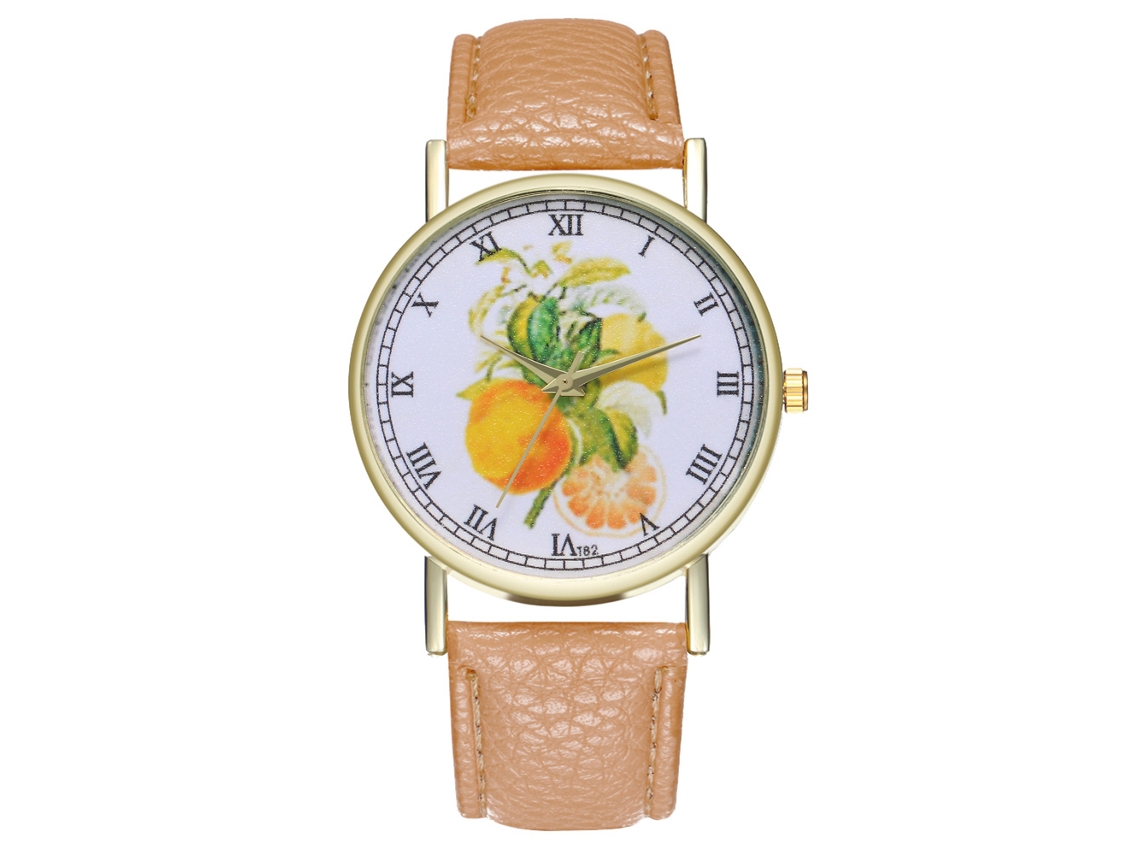 Reloj De Pulsera De Piel Con Estampado De Frutas, Estilo Casual Unisex, Movimiento De Cuarzo, Color Beige.