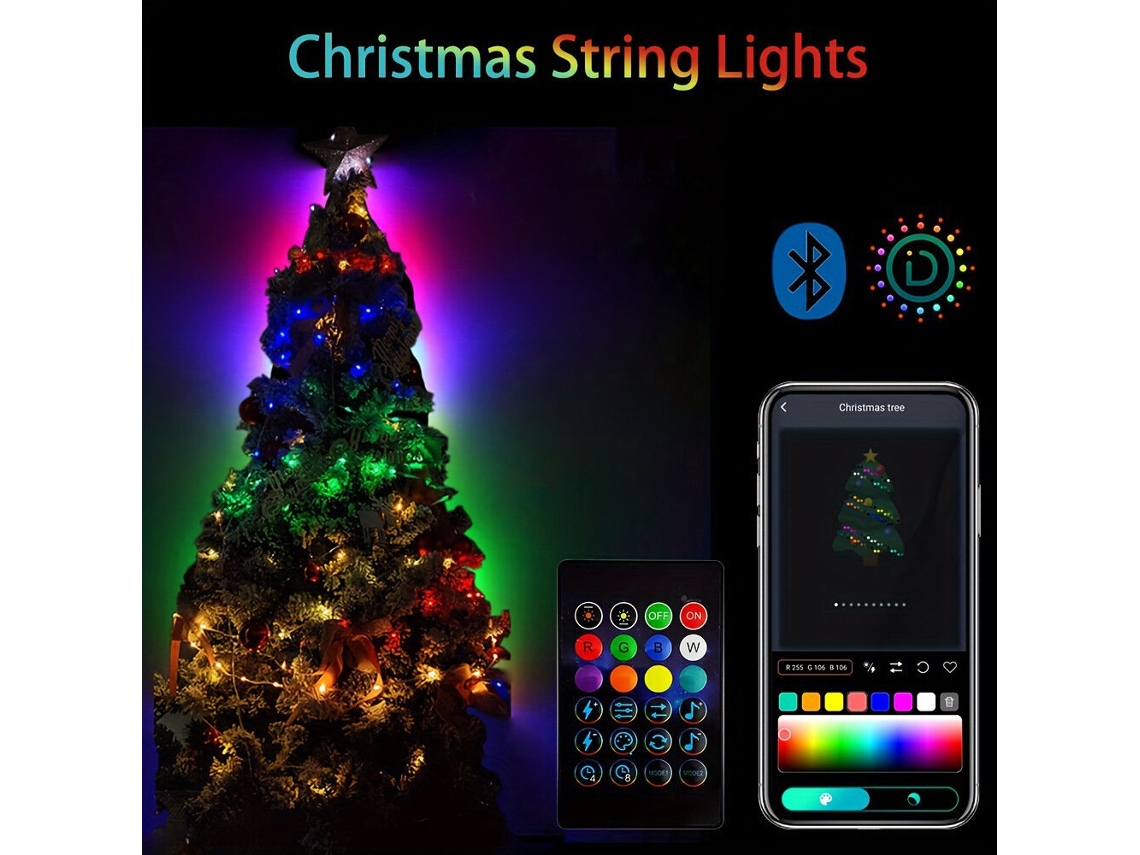 Cadena de luces LED inteligentes RSH de 10 m y 100 LED con sincronización de música, control remoto e IP65, resistente al agua, para decoración navideña de árboles de Navidad.