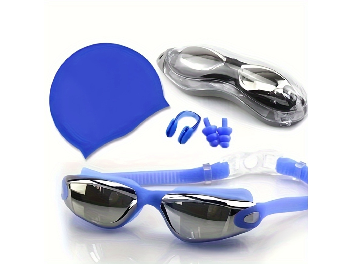 Óculos De Natação Para Adultos Com Touca De Silicone Tampões Para Os Ouvidos E Clipe Nasal (azul)