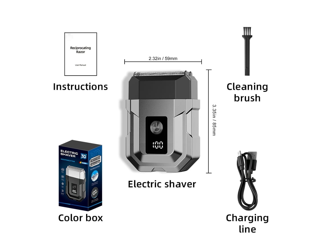 Afeitadora eléctrica de cuchillas recíprocas para hombre, 3 cuchillas, resistente al agua IPX7, indicador LED de tiempo restante (gris) Czhhmart