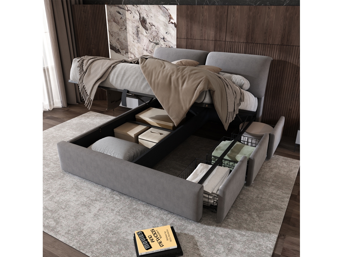 Cama individual de madera de 90x200 cm con estante, cajones y compartimentos ZKAKA
