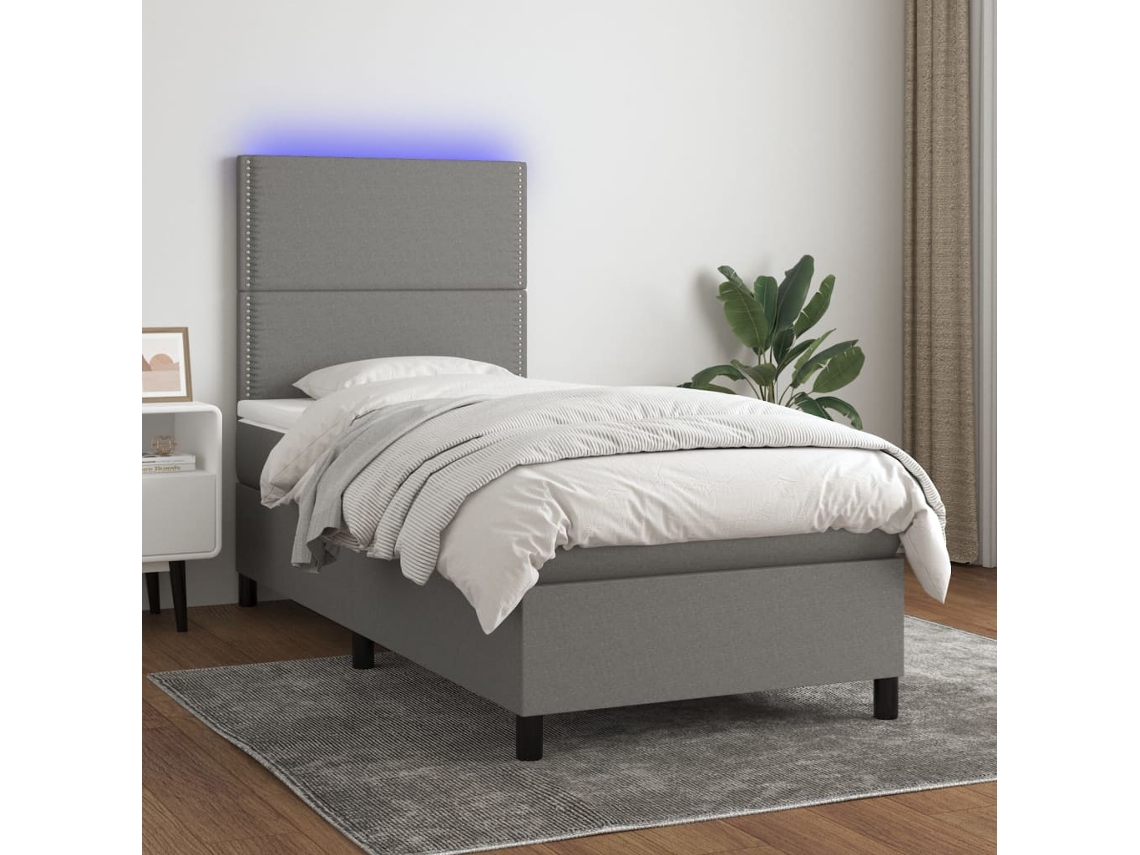 Cama Box Spring Colchón Y Luces Led Tela Gris Oscuro 100x200 Cm