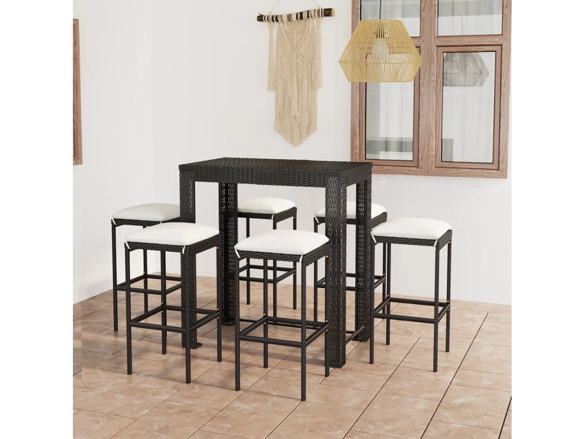 Set Muebles Bar Jardín 7 Piezas Y Cojines Ratán Sintético Negro