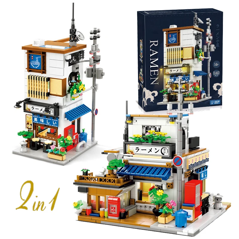(1142 Piezas) Bloque De Construcción Dos En Uno Para Tienda De Ramen, Modelo Moc De Escena Callejera Japonesa Con Luces