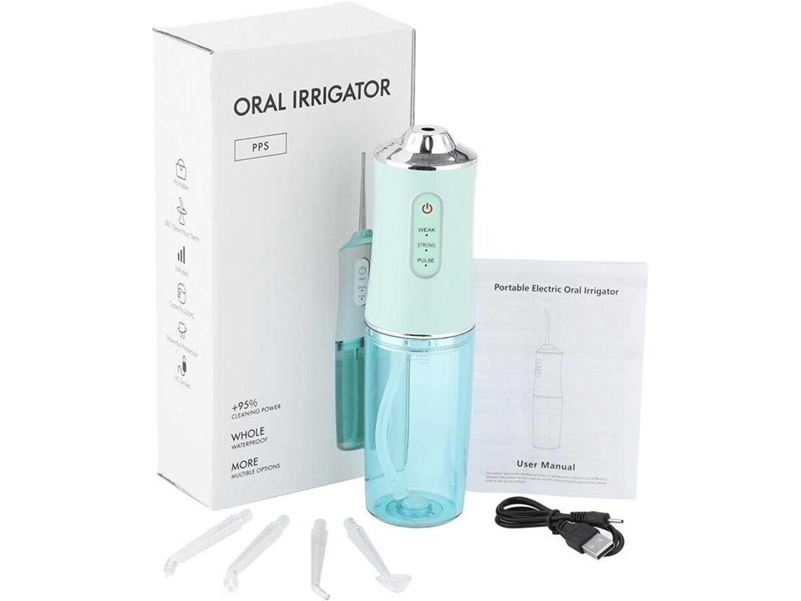 Irrigador bucal eléctrico verde de 220 ml sin cable, 4 boquillas Chorro, 3 modos de presión ZYBLSSBB