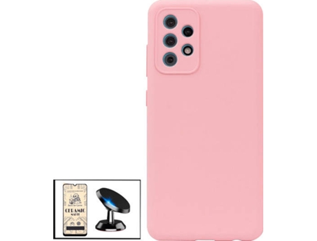Kit Cristal Templado CeramicGlass Full Cover, Funda Silicona y Soporte Magnético de Coche Samsung Galaxy A52s 5G PHONECARE Rosa