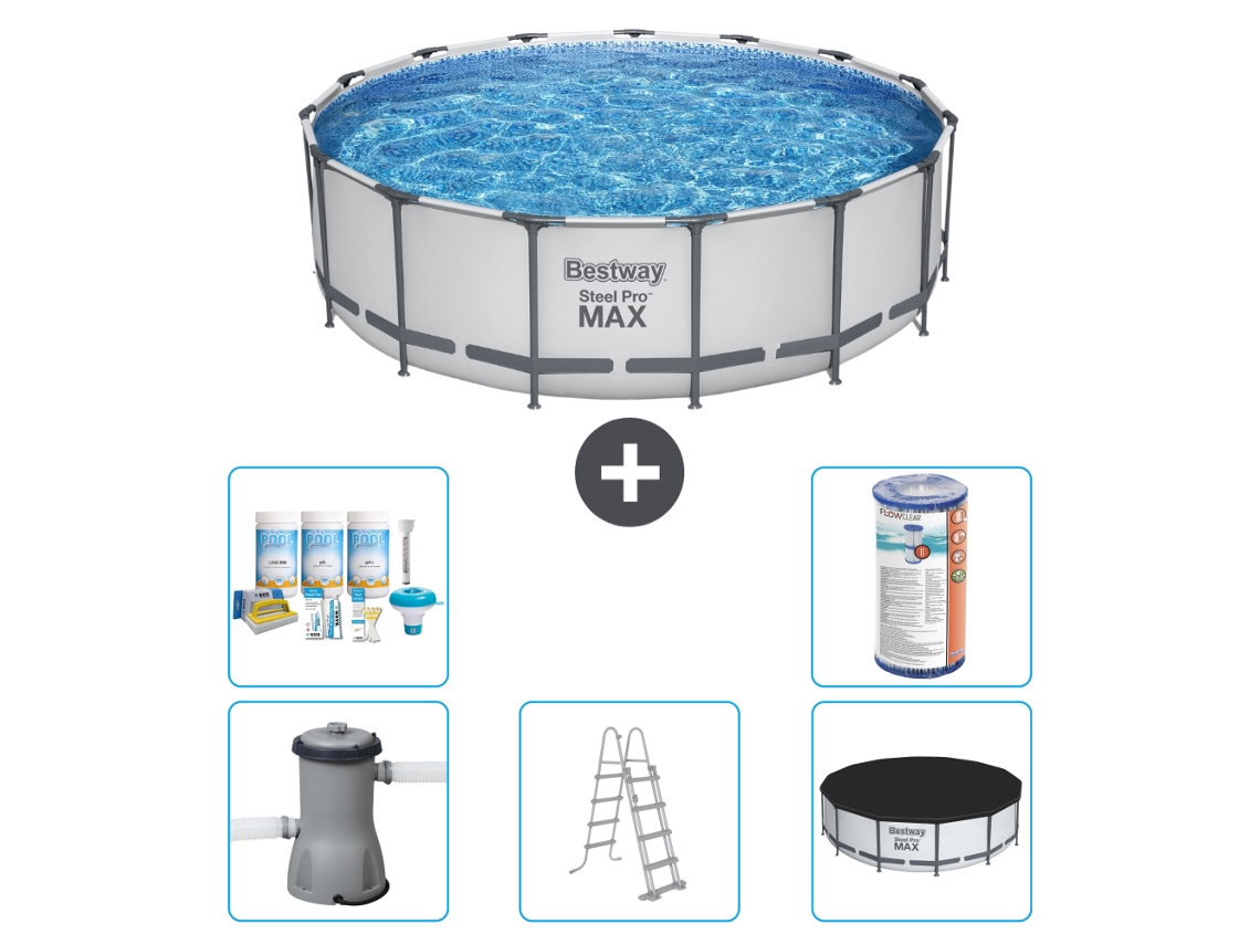 Piscina BESTWAY Round Steel Pro MAX - 457 x 122 cm - Gris - Bomba incluida - Escalera - Cobertor Paquete de mantenimiento - Filtrar
