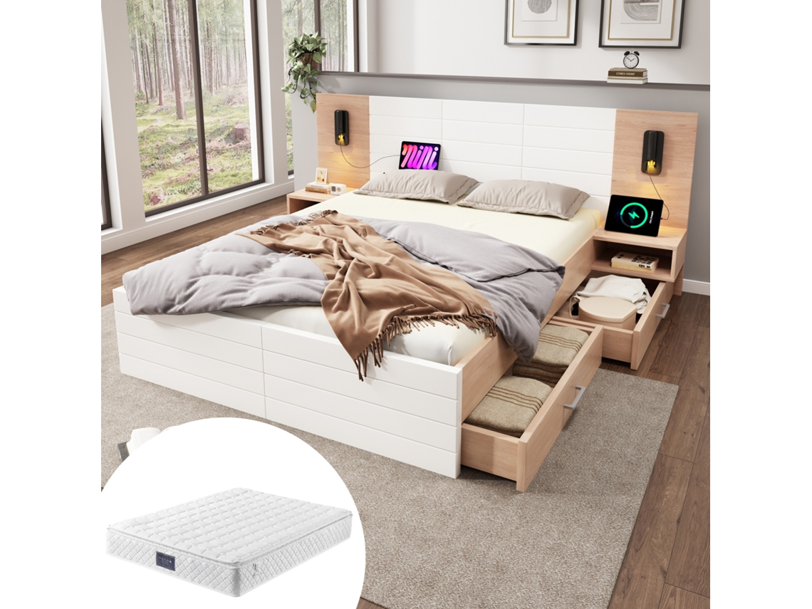 Cama 140x200 Cm Con Colchón, Cajones, Luces De Lectura Y Usb, Moderna Blanca Y Roble