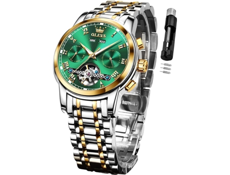 VEANXIN Reloj Automático para Hombre Reloj Mecánico de Negocios de Acero Inoxidable Multicalendario Reloj Luminoso Impermeable(Verde)