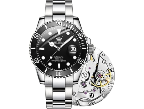 VEANXIN Reloj mecánico automático luminoso con esfera grande para hombre, resistente al agua, con mano grande y cuerda automática(negro plata)