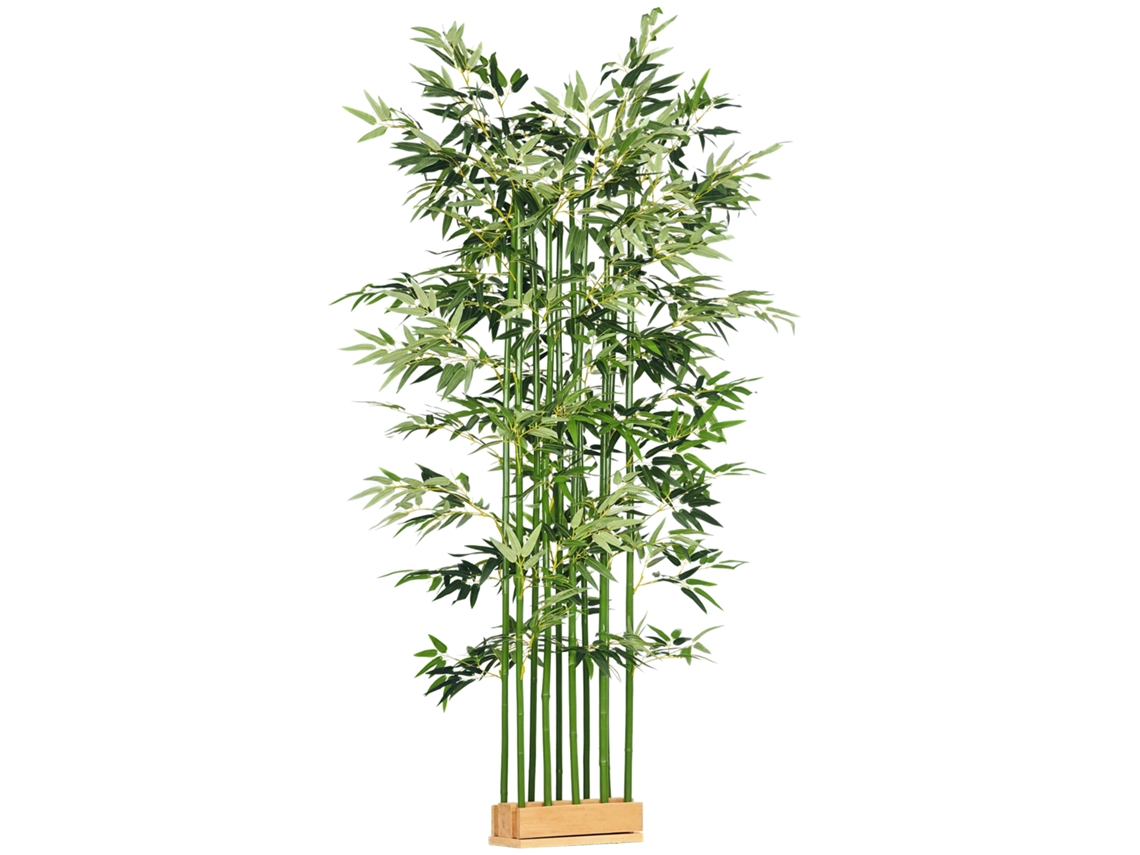 Planta De Bambú Artificial, 180 Cm De Altura, 1640 Hojas, Base De Madera De Pino, 35x10x10 Cm, Verde.