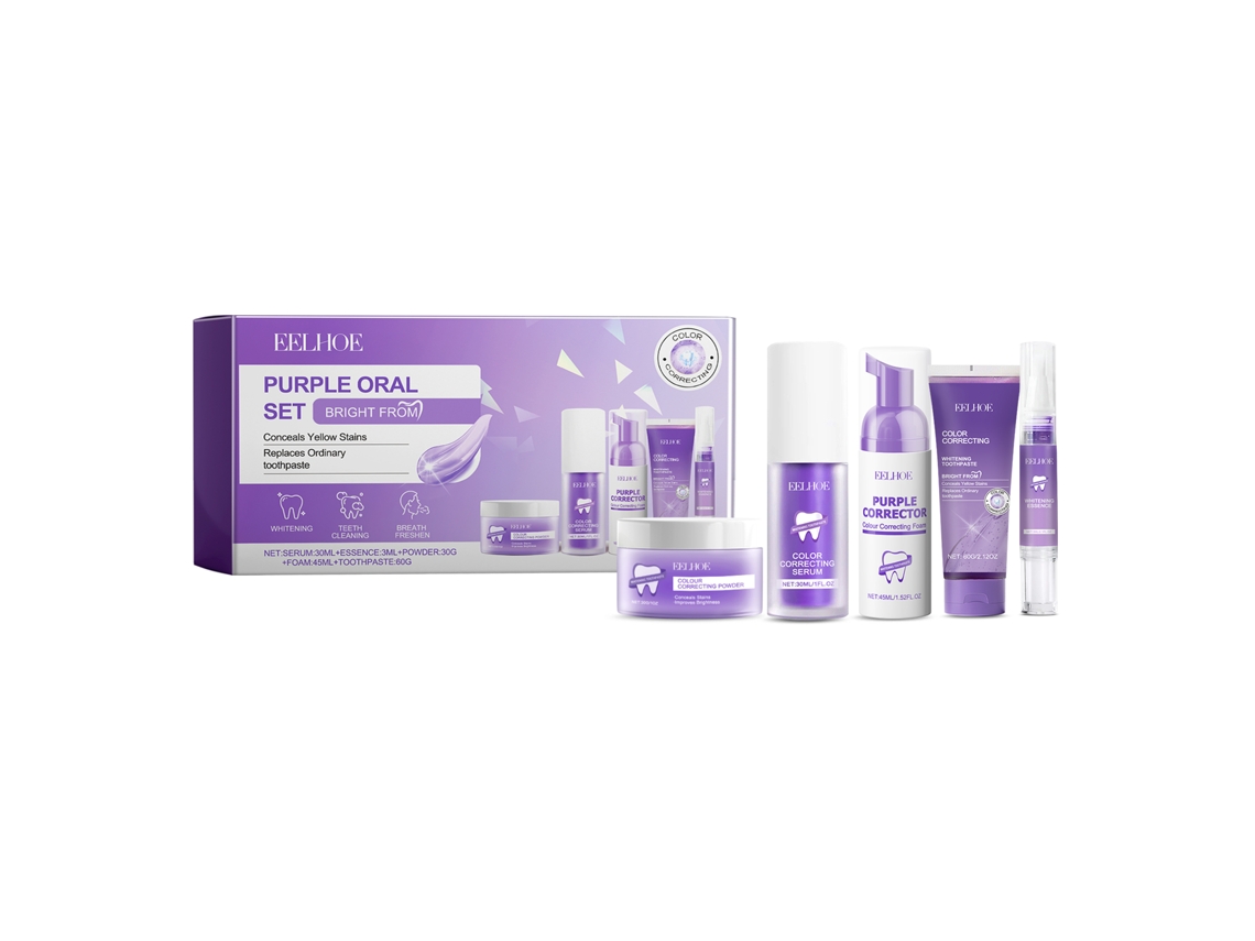 Kit blanqueador dental morado: cuidado para dientes limpios y aliento fresco.