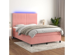 Cama Box Spring Colchón Y Led Terciopelo Rosa 140x190 Cm