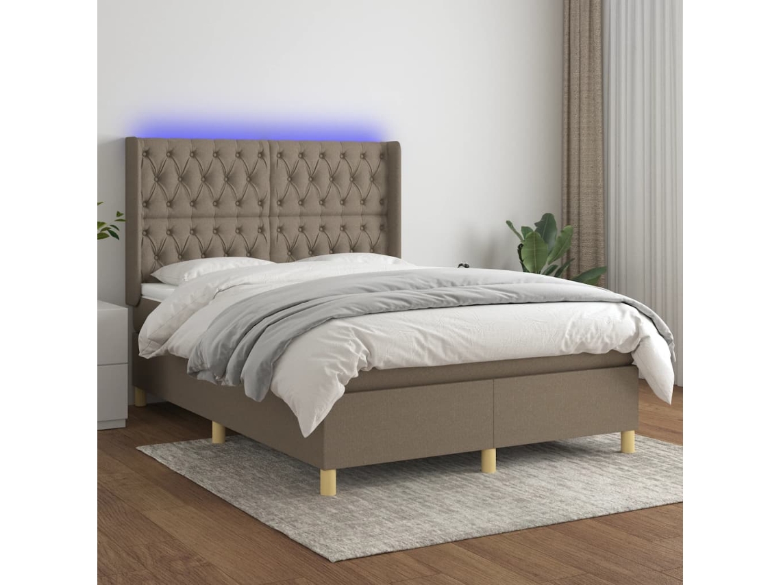 Cama Box Spring Colchón Y Luces Led Tela Gris Taupe 140x190 Cm