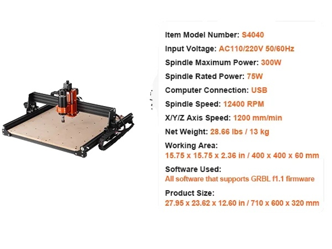 Fresadora CNC de 3 ejes, capacidad de grabado y tallado, 40 x 40 cm, 300 W, OEM