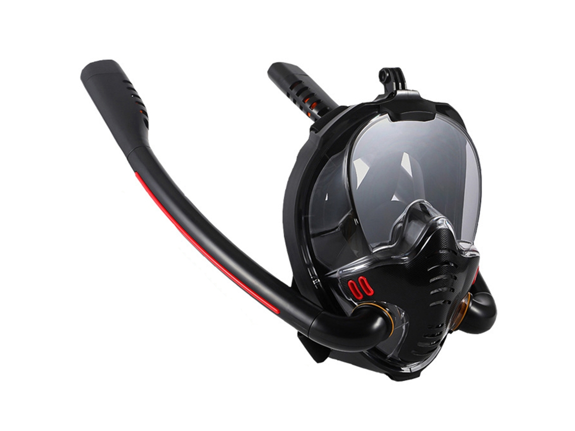 Máscara de buceo integral con doble snorkel, vista panorámica de 180°, compatible con cámara deportiva, color negro