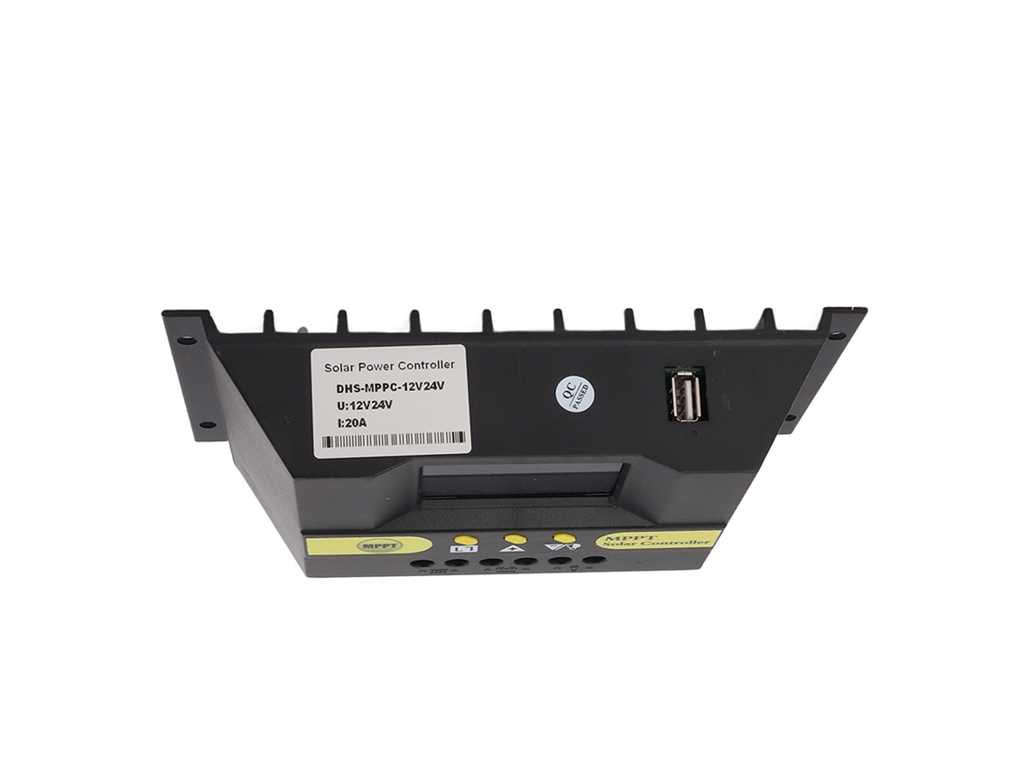 Controlador solar MPPT de 12V/24V y 20A con regulador, pantalla LCD y protección para sistemas solares.