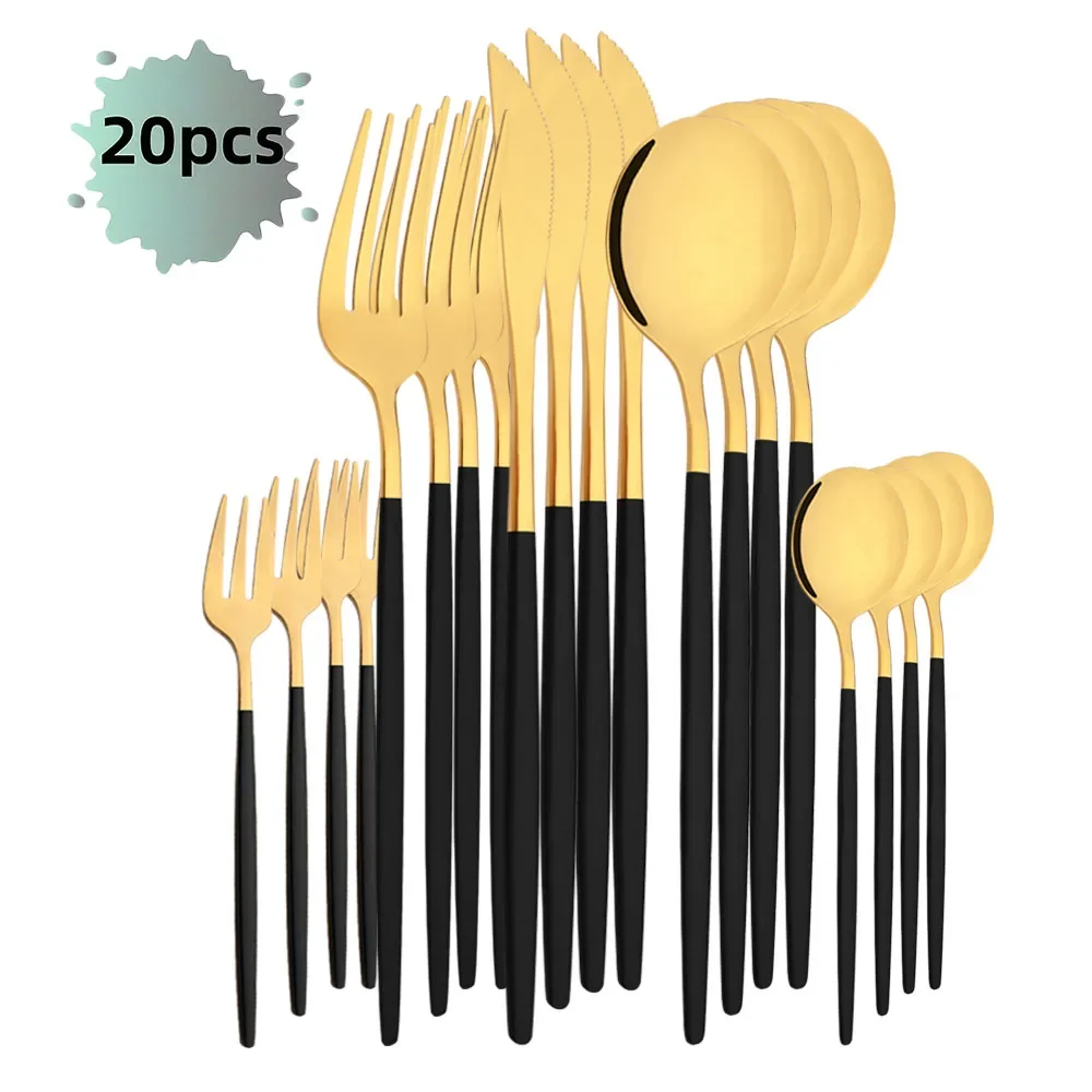 Cubiertos De Acero Inoxidable (negro Y Dorado, Juego De 20 Piezas), Pulidos A Espejo, Perfectos Para El Hogar, Restaurantes Y Bodas.