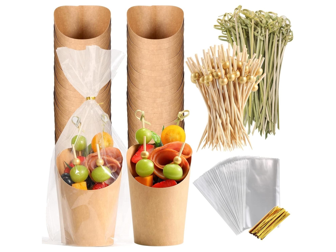 50 juegos de vasos desechables para fiambres, con palitos y bolsas, cajas de papel kraft marrón de 414 ml para refrigerios Mdug (14 oz)