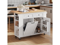Isla De Cocina Con Ruedas, Extensible, Con Cubo De Basura, Toallero Y Enchufes, Color Blanco.