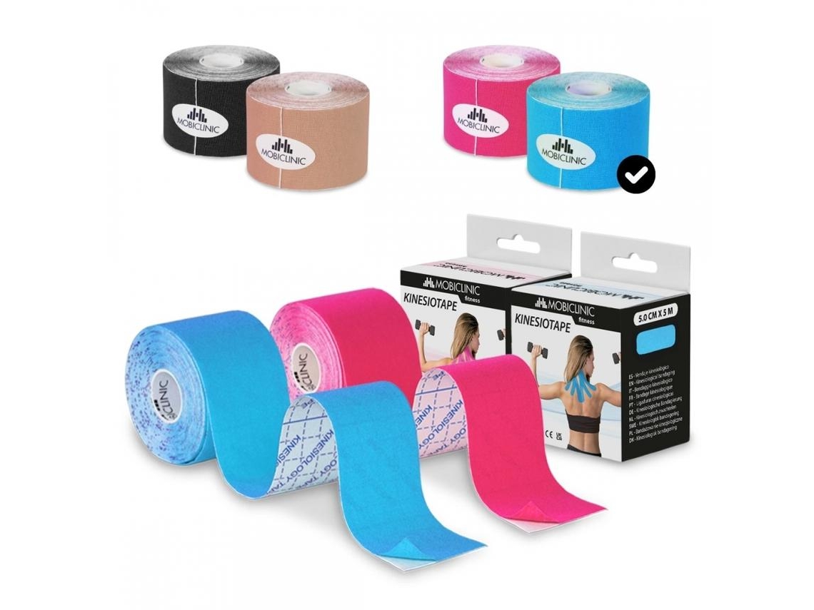 Pack 2 Bandas Neuromusculares Kinesiotape MOBICLINIC Mobitape (5cm x 5m - 12 Unidades - Rosa y Azul)