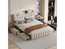Cama doble tapizada de 140 x 200 cm con LED y USB, espacio de almacenaje con 4 cajones, estructura de láminas, tela de lino, gris/beige. Rosahqnda