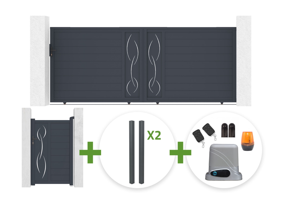 Puerta Corredera 4 M Life Alt. 160 Cm Gris + Puerta Peatonal 1 M Life Alt. 160 Cm Gris + 4 Postes Elda + Motorización Tanker C600