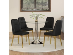 Conjunto Mesa Comedor 85 Cm - Vidrio Templado Y 4 Sillas Pu - Negro Y Dorado