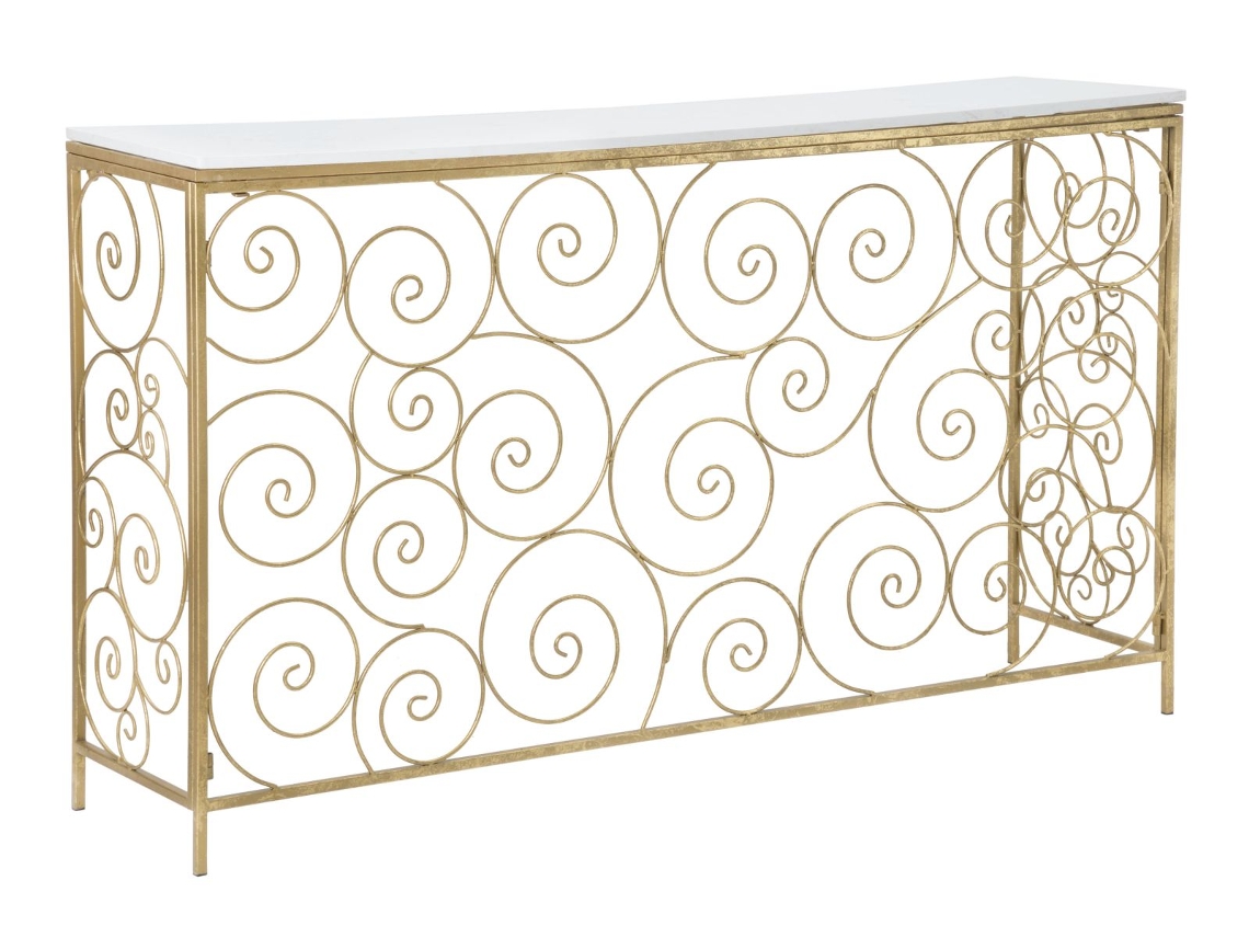 Consola Rectangular En Espiral De Metal Dorado Y Mármol Blanco - 140x36x82 Cm - Diseño Geométrico Refinado Para Recibidores Y Salas De Estar De Lujo
