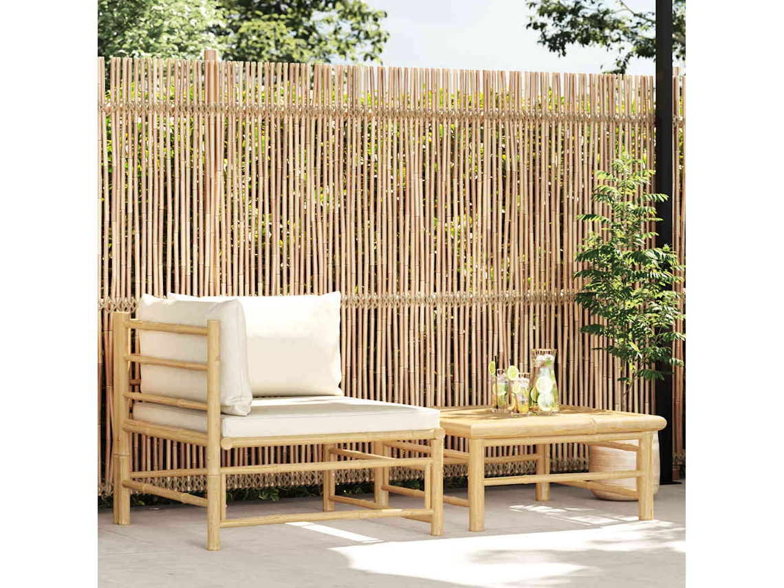 Set De Muebles De Jardín 2 Uds | Muebles Exteriores Bambú Y Cojines Blanco Crema