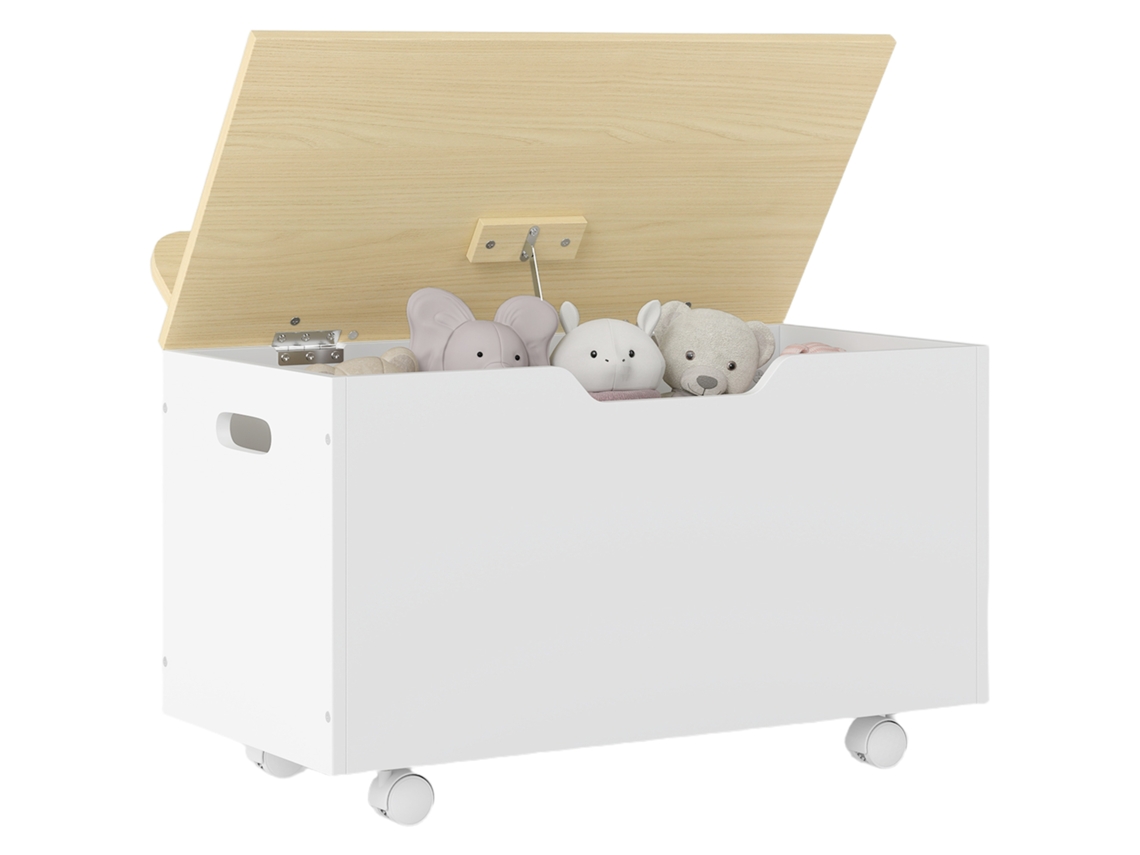 Baúl de juguetes infantil con ruedas y tapa plegable, 59 x 30 x 53 cm, blanco