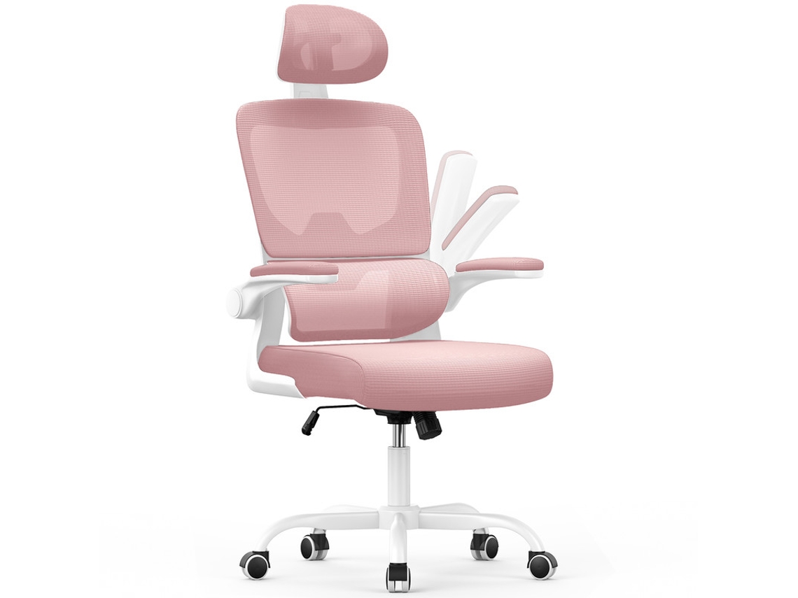 Silla de oficina ergonómica RACINGREAT con soporte lumbar y reposabrazos plegables 3D - Silla giratoria de 360 ​​grados - Rosa