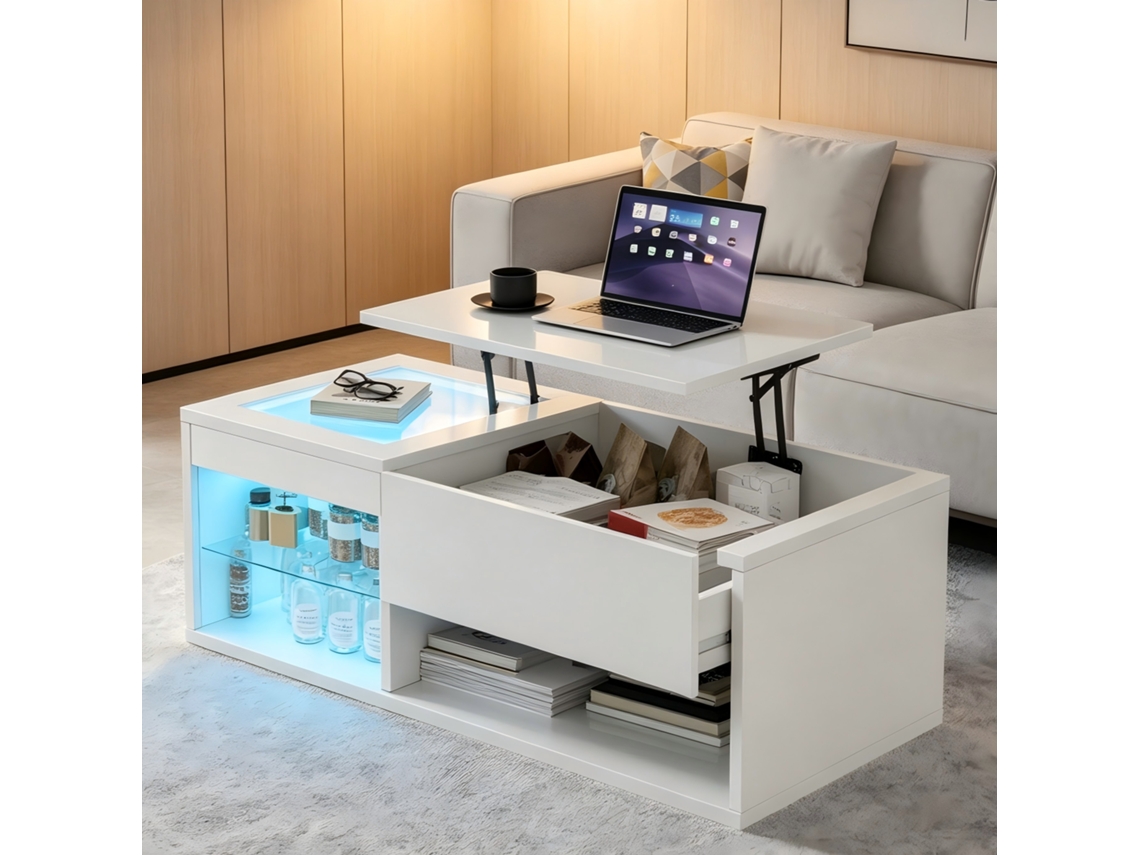 Mesa de Café Regulable en Altura con Almacenamiento y Luces LED, Diseño Moderno Brillante para Salón, Blanca 100x55x35cm