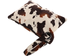 Bolsa Feminina Marrom Com Estampa De Vaca, Modelo Clutch Compacto Com Zíper E Organizador Interno.